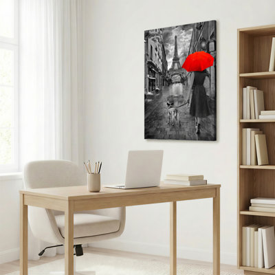Paris Street Scene With Eiffel Tower And Red Umbrella Canvas Wrapped Wall Art Oil Painting Print Set Of 1