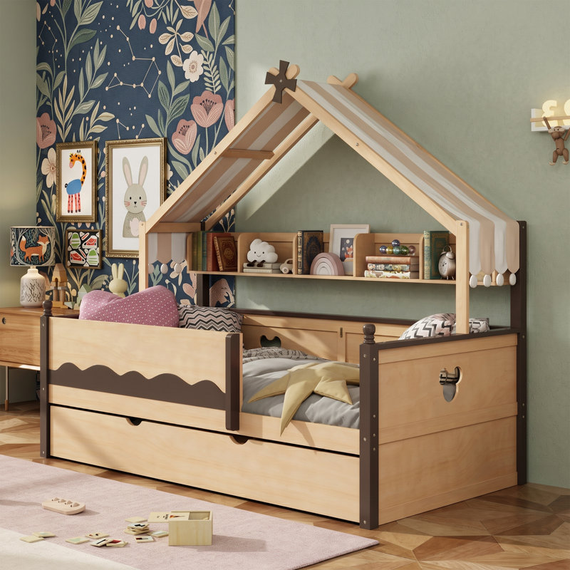 Structure de lit en bois massif avec lit gigogne, lit de jour avec bibliothèque intégrée pour chambre d'enfant, Lit simple