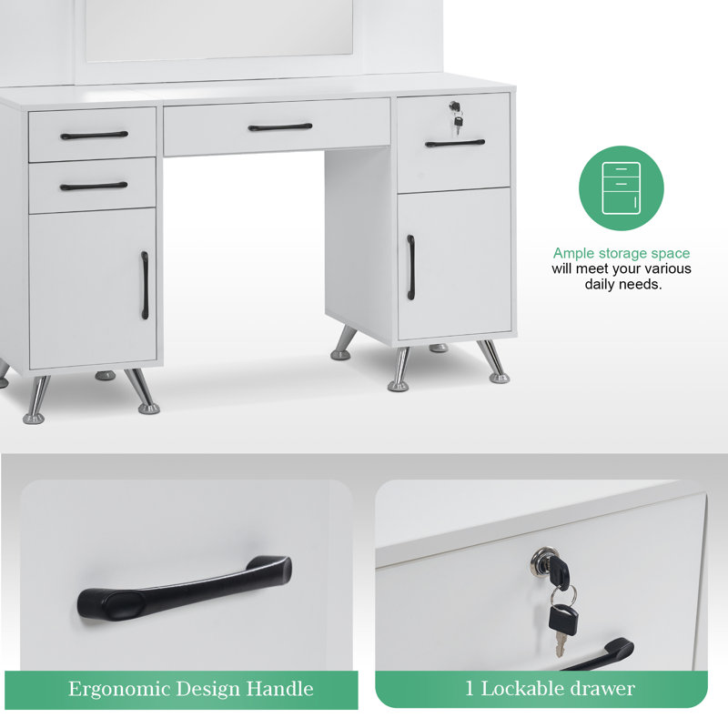White Modern Vanity Table Set with Mirror and Storage