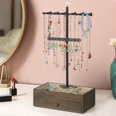 Jewellery Organizer Stand, 3-Tier Necklace Holder Jewellery Tree With Wooden Storage Drawer Box For Necklace Bracelet Earring Ring, Walnut