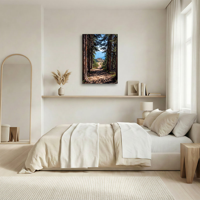«Winding Forest Path Through Pine Trees To Mountain View», art mural sur toile, 30"H x 20"W