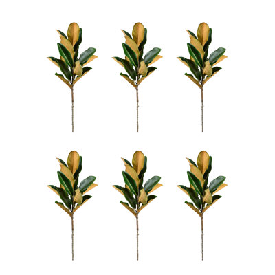  Tige de magnolia vert Real Touch, branches de verdure artificielles avec feuilles veinées réalistes et fleurs en fleurs, décoration intérieure, centres de table, mariages, 12 po de largeur et 41 po de longueur, paquet de 6