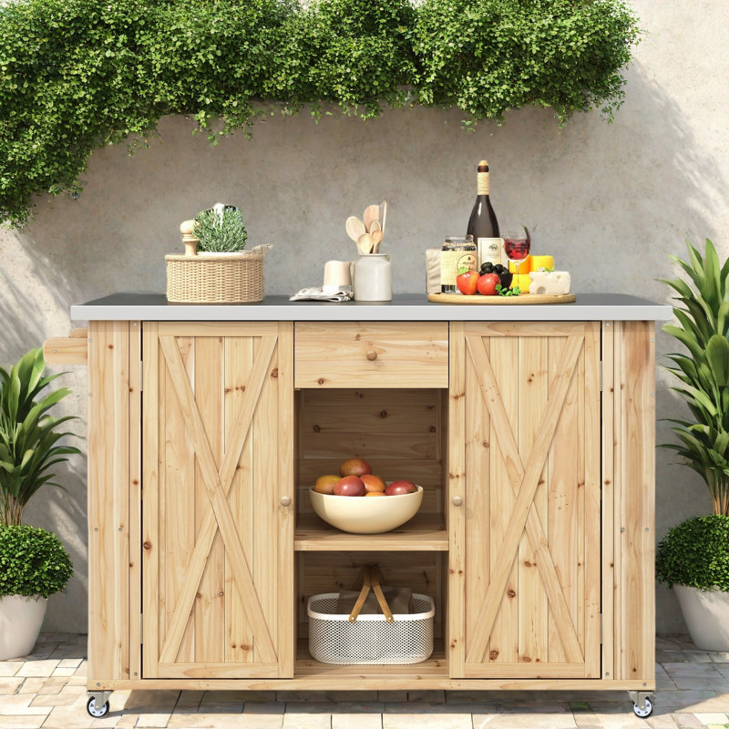 Outdoor Kitchen Island With Stainless Steel Top, Drop Leaf, 1 Drawer. Storage Cahinet With Adjustable Shelves, Towel And Spice Racks And A Bottle Opener