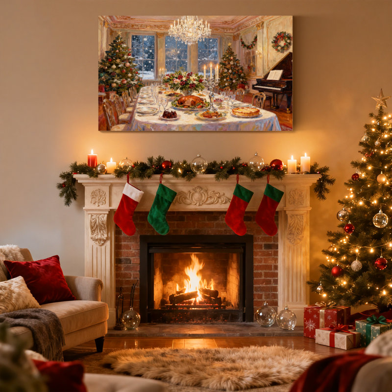 Scène de table de Noël avec arbres et piano, ensemble de 3 impressions sur toile, H 20 po x l 30 po