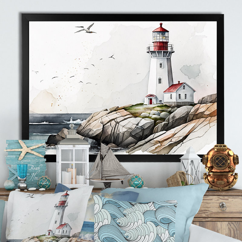 Art sur toile, "Phare par l'océan IV", Impression noire sur toile encadrée, L 20 po x H 12 po