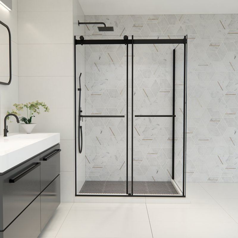 Belizzi 52" W x 76" H Frameless Matte Black Shower Enclosure with Clear Glass