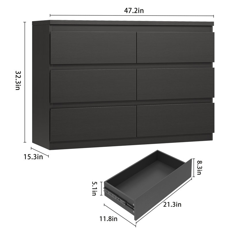 Lanham Contemporary 6-Drawer 47.2''W Double Dresser, Black