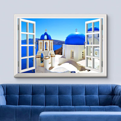Window Scenery " Churches Of Santorini, Greece, And Blue Ocean Under The Clear Sky "