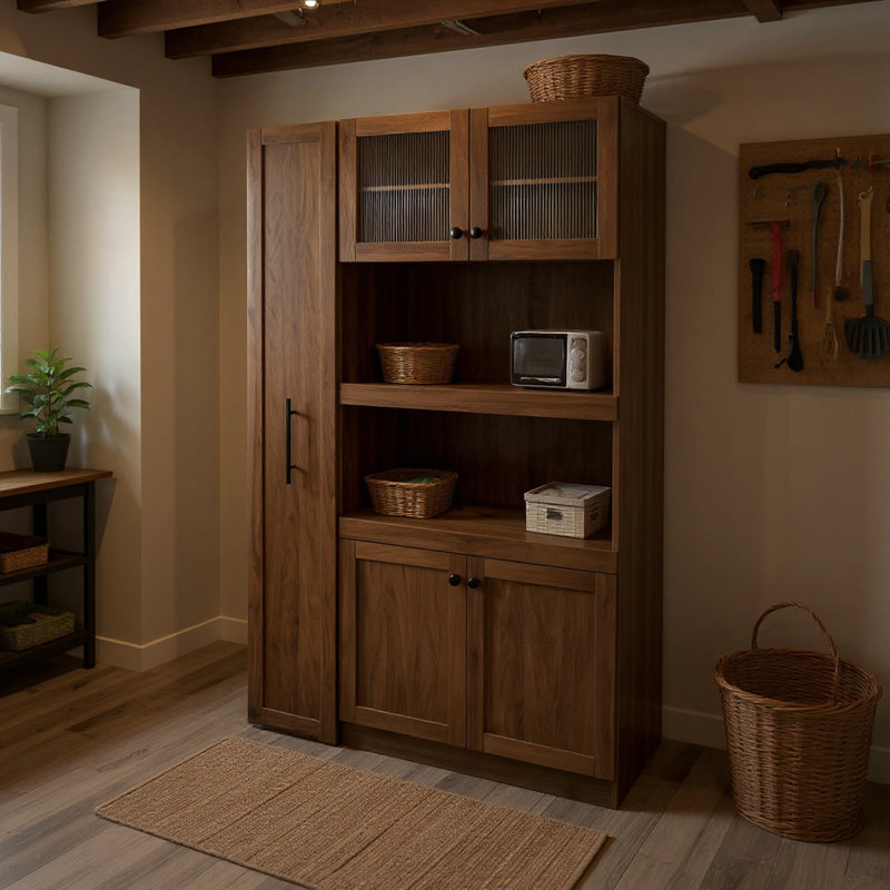 Armoire décorative Farmhouse avec rangement coulissant extensible, portes en verre et rangement à plusieurs niveaux, Noir