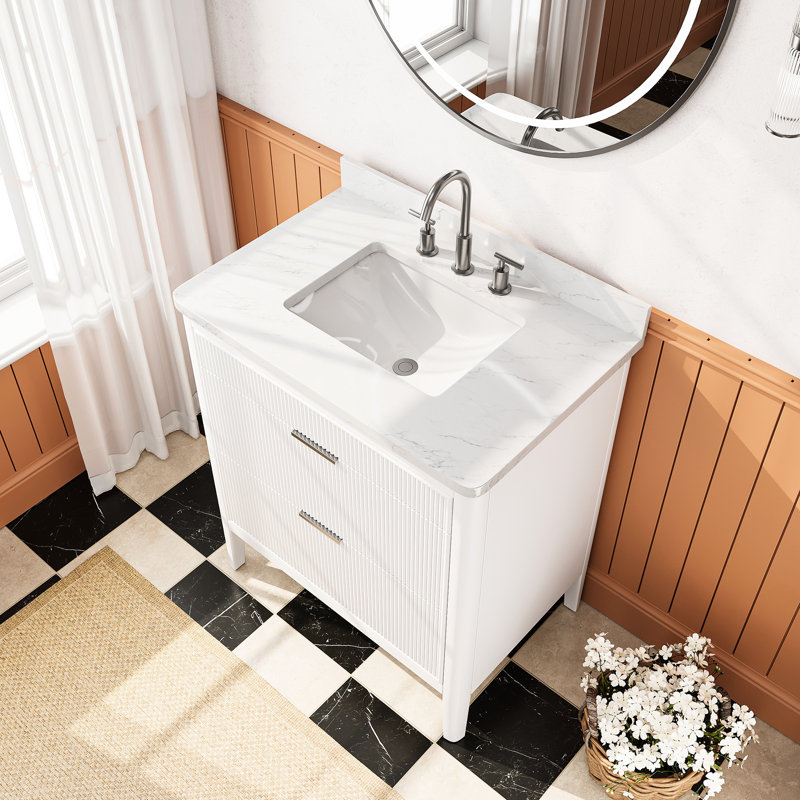 Meuble-lavabo autoportant à simple cuve, 30 po, blanc, bois massif, marbre d'ingénierie, joint, entièrement assemblé, peinture blanche