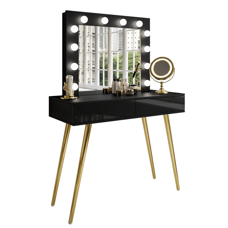 Heidi Dressing Table with Mirror, Gold Chrome/Black