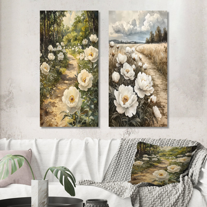 Pivoines sur le chemin de la ferme I - Floral, impression murale 2 pièces, 32" H x 32" W