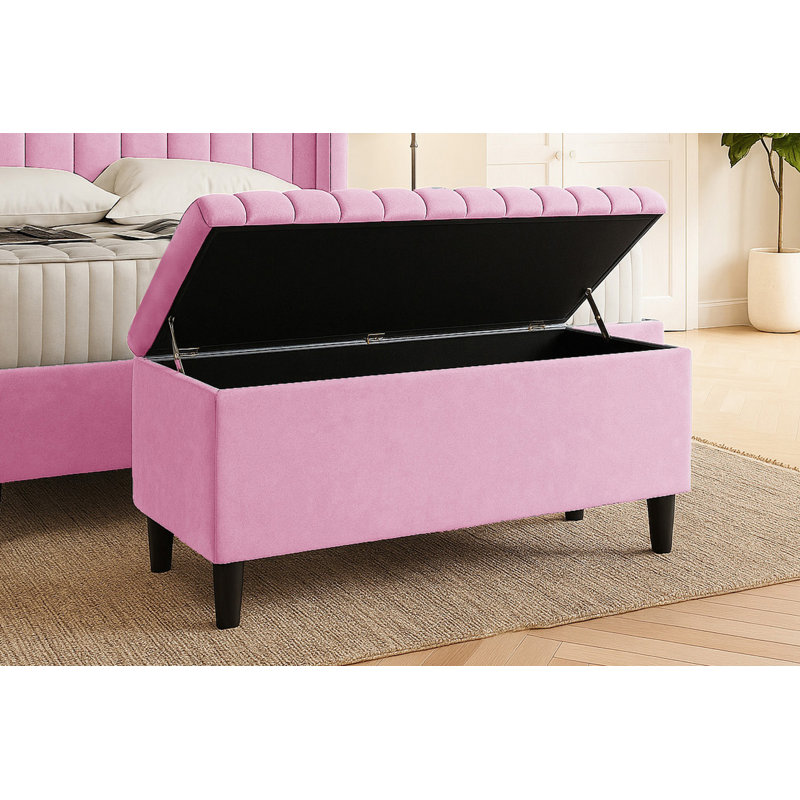 Plush Velvet Lined Upholstered Ottoman Storage Box with Wooden Legs, Pink, 45cm H X 150cm W X 40cm D