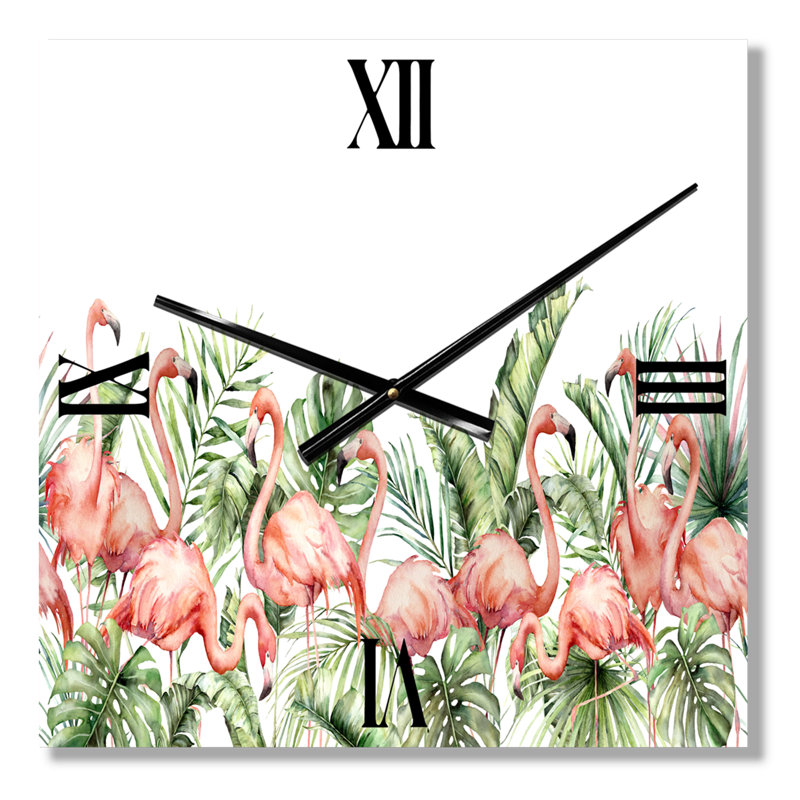 Horloge murale flamants roses, feuilles de palmier et oiseaux tropicaux, Grand