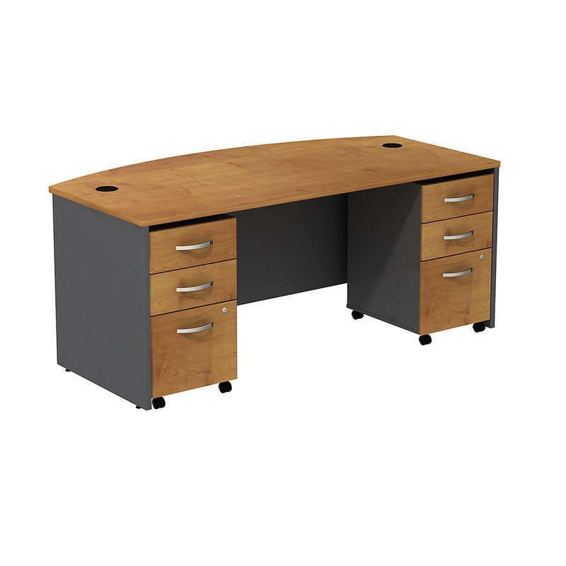 Series C Bow Front Desk with (2) 3 Drawer Mobile Pedestals - Reversible, Natural Cherry/Graphite Gray
