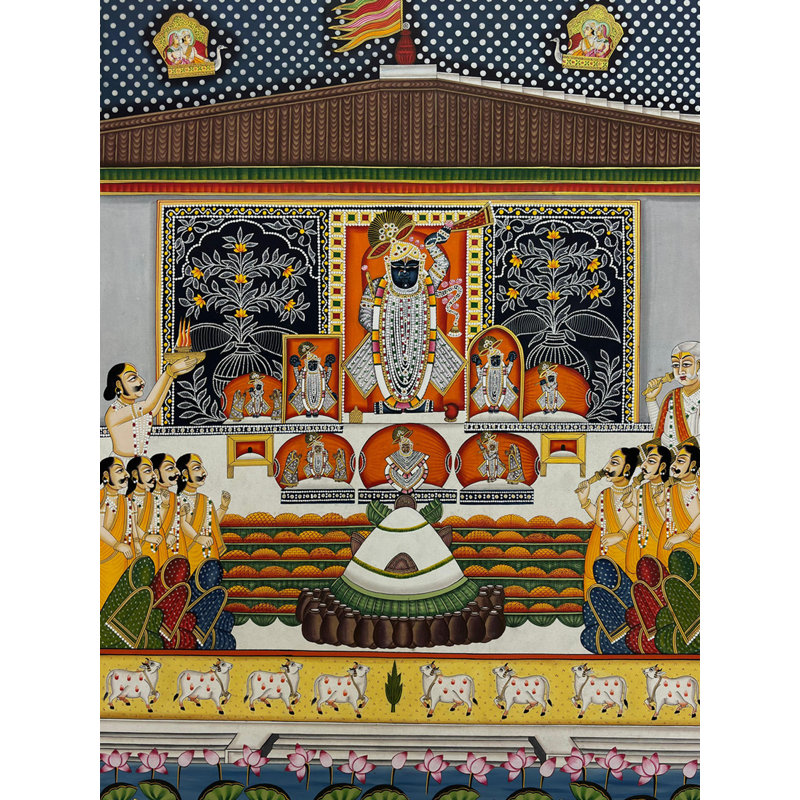 Gopashtami Shrinathji avec des dévots | Couleur naturelle sur toile | Par Dheeraj Munot