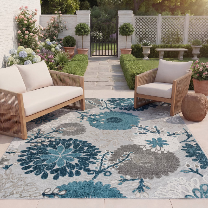 Tapis d'intérieur / extérieur floral Kellems Performance, Grey/Blue, Rectangulaire 2 pi x 4 pi