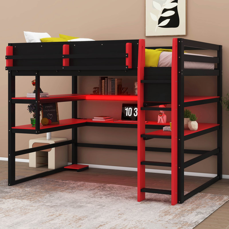 Lit mezzanine double en bois avec bureau, unité de rangement latérale, nombreuses tablettes et éclairage RVB, Rouge