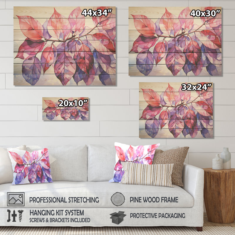 Pink And Purple Tropical Plants Leaves I - Fuschia On Wood Print, 34" H x 44" W x 0.78" D