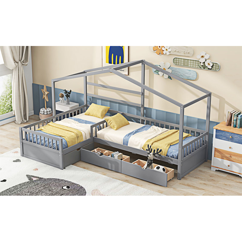 Lit plateforme House avec trois tiroirs de rangement, Gris