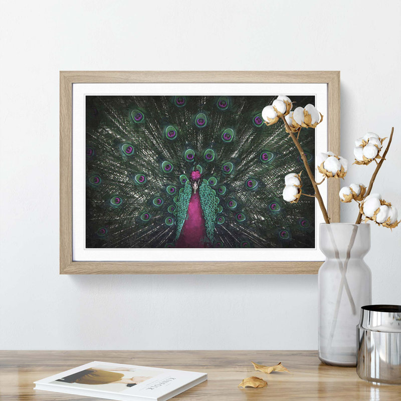 Mesmerising Pink & Green Peacock - Picture Frame Graphic Art Print, 62cm H x 87cm W x 2cm D, Oak Framed