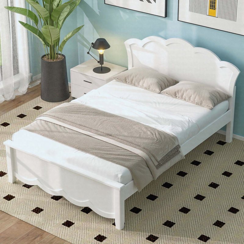 Lit plateforme double en bois avec tête de lit double, finition blanche, Lit double