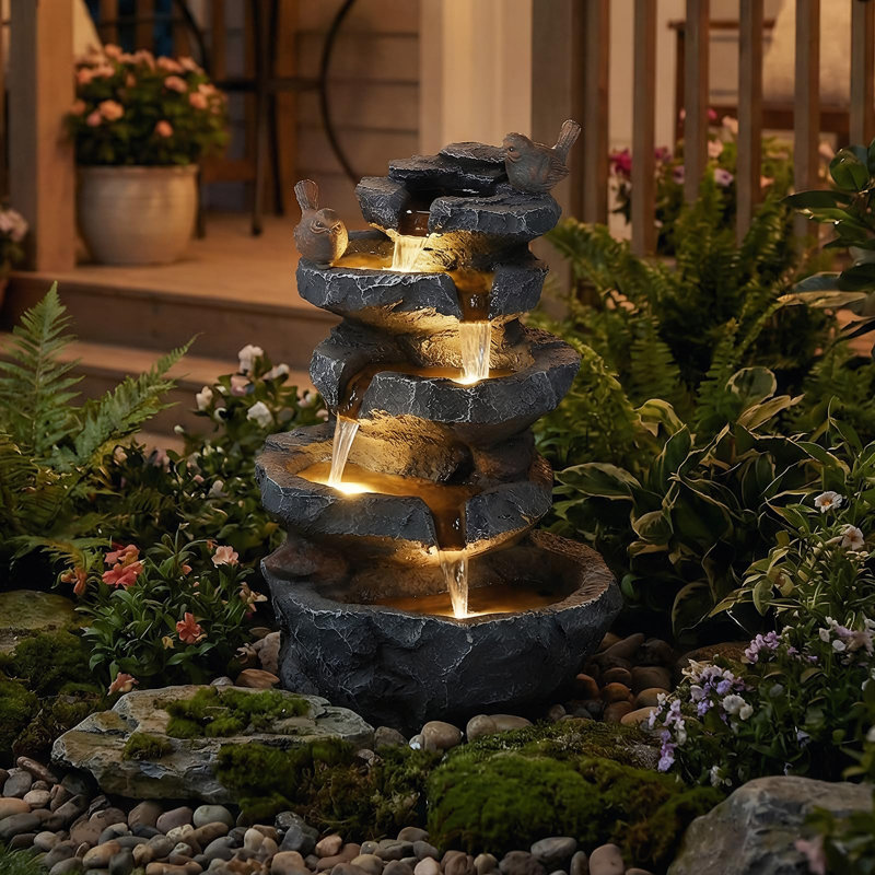 22.28" Tall Outdoor Rock Waterfall Fountain, 5-Tier Cascading Garden Water Feature With Bird Decor & Led Lights, Natural Stone Resin Fountain With Filter Cotton For Patio, Yard, Porch & Indoor