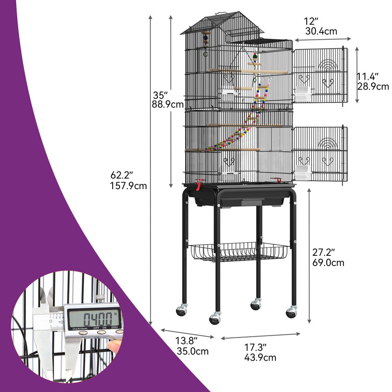 Large Black Metal Bird Cage with Rolling Stand and Toys