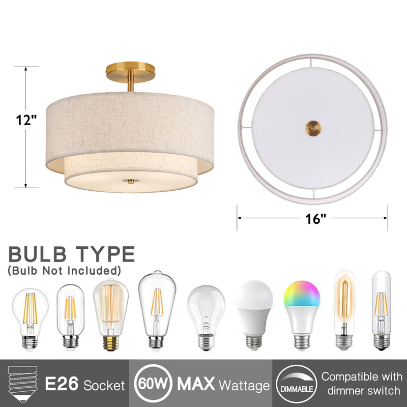 16" Double Drum Semi Flush Mount Ceiling Light, Gold
