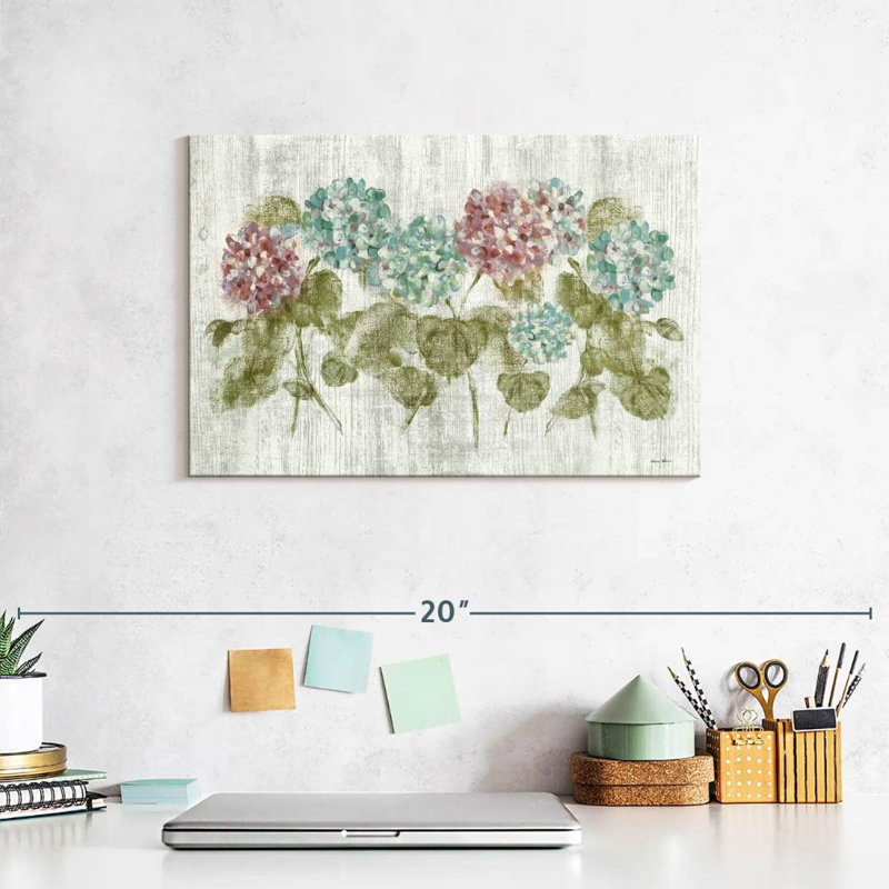 Harnek, rangée vibrante d'hortensias sur bois, H 8 po x l 12 po