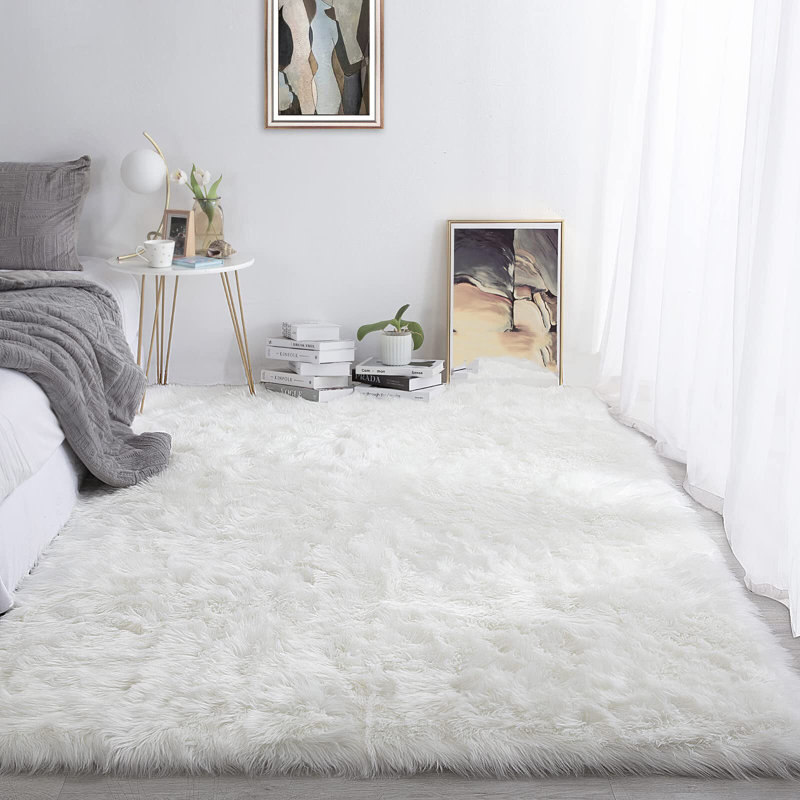 Mamduh Handmade Shag Faux Sheepskin White Rug, Rectangle 10' x 12'