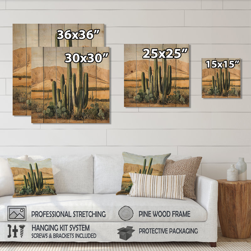 Cactus And The Desert Hills IV - Floral Cactus Wood Wall Art - On Natural Pine Wood, 30" H x 30" W x 0.78" D