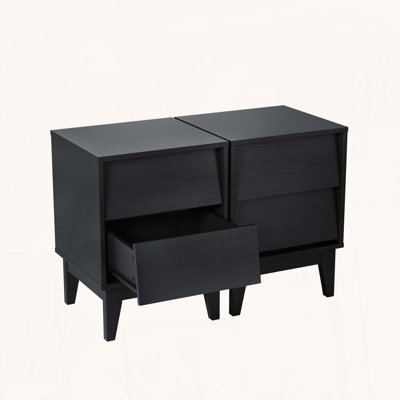 Mid-Century Nightstand Set of 2 with Vintage Bevel Design and Hidden Pulls, Black