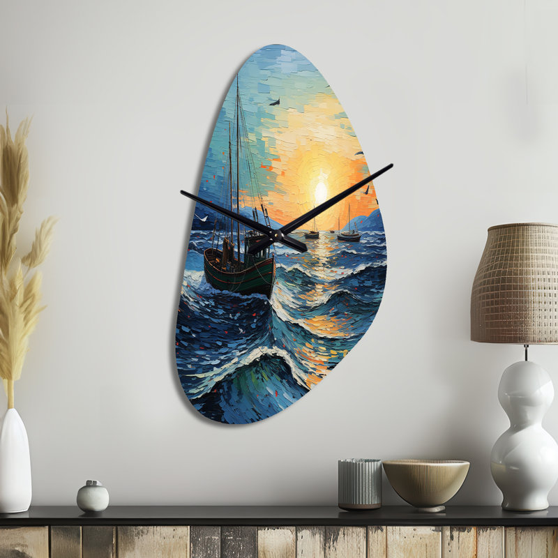 Vangogh - Paysage marin avec pêche III - Grande horloge murale sarcelle - forme unique, Moyenne