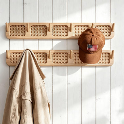 17 inch sturdy modern hemp rope wall hanging hanger, smooth polished wooden hook for entrance clothing, hats, bags, jackets, natural bamboo veneer 2-piece set