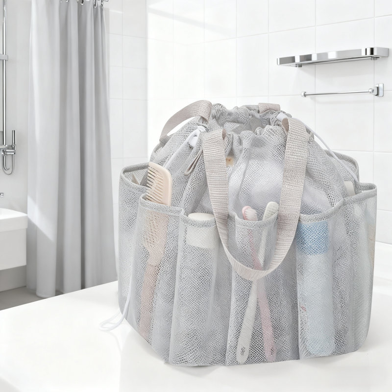 Mesh Shower Caddy Portable With Drawstring, Dorm Room Essentials For College Students, Grey Shower Bag For Camping,Swimming,Gym,Travel,Bathroom