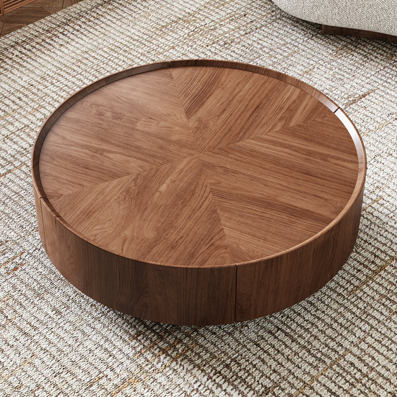 Minimalist Walnut Round Coffee Table with Storage Drawers, Modern Living Room Center Table with Silent-Glide Drawers, Easy Assembly