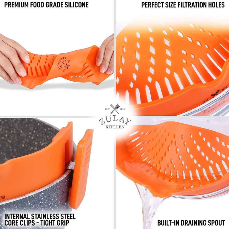 Zulay Kitchen Adjustable Silicone Pot Strainer for Most Pots & Pans, Orange