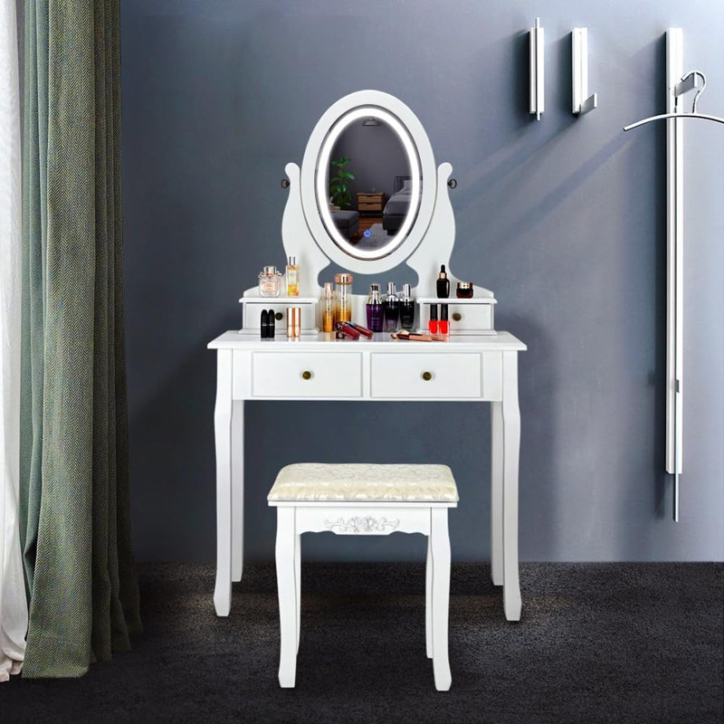 Bureau de coiffeuse avec bande lumineuse à DEL tactile et tabouret