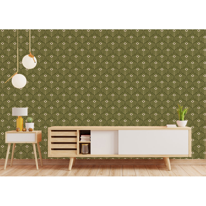 Moroccan Peacock 10' L x 24" W Wallpaper Roll, Olive, Self-adhesive