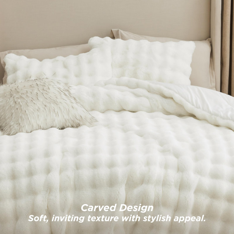 Ensemble d'édredon en fausse fourrure, Édredon grand + 2 taies d'oreiller standard, Blanc