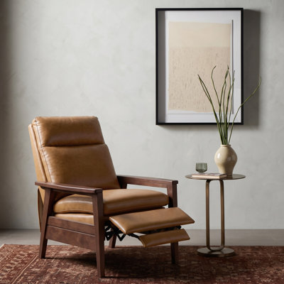 Fauteuil inclinable Gladys Mid-Century en cuir véritable avec accoudoirs en bois massif