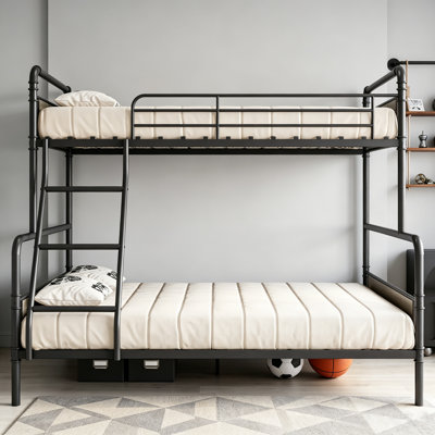 Bunk Bed Frame, Metal Bunk Bed Twin Over Full Size with Angled Ladder, High Guardrail, Metal Slats, Smooth Rounded Edges Heavy Duty Bed Frame for Kids, Teens, Adults, Black+Gray