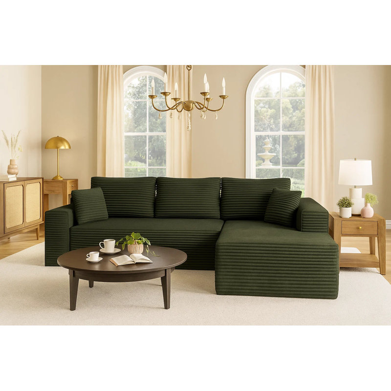 Canapé modulaire en velours côtelé 2 pièces 104 po avec méridienne 104 po côté droit - revêtement vert olive
