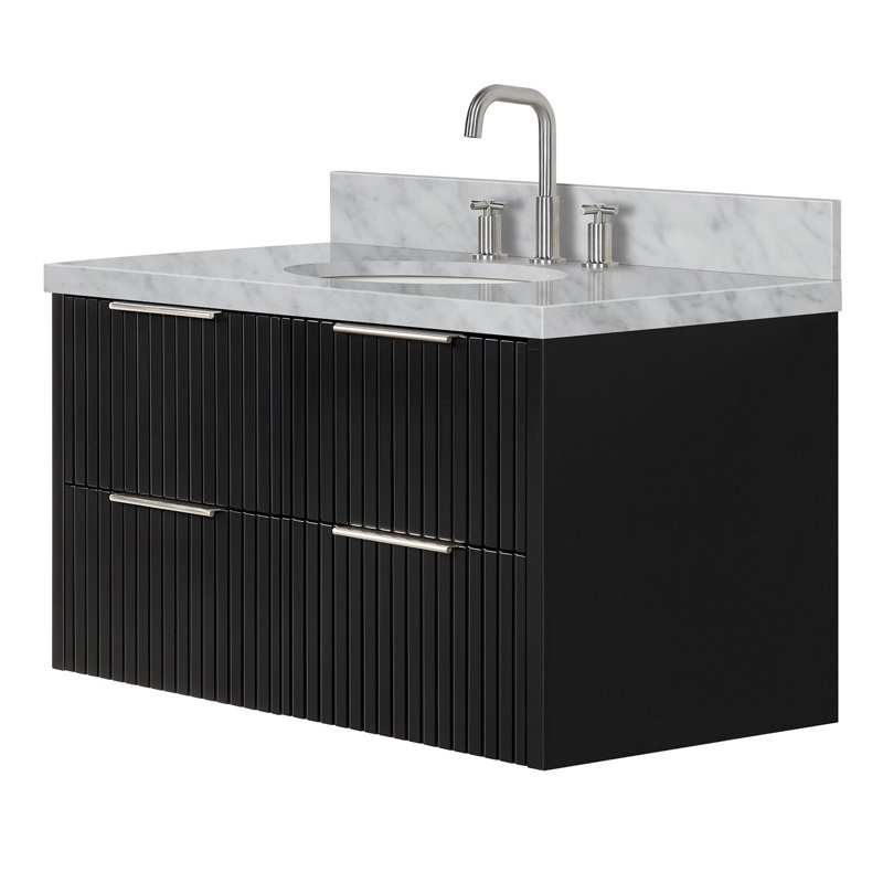 Mulloy 36 Inch Wall-Mounted Single Oval Vanity Bathroom Vanity with Carrara White Marble Countertop 1.5 Inch in Black, Black