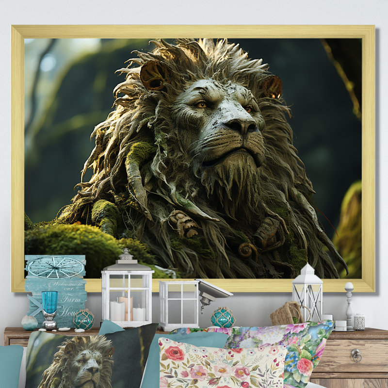 «Enchanted Lion Wilderness Fantasy» sur toile, H 30 po x l 40 po x P 1,5 po, Cadre doré simple