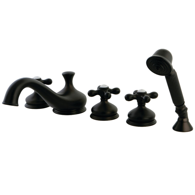 Kingston Brass Milano Three-Handle 5-Hole Deck Mount Roman Tub Faucet with Hand Shower, Oil Rubbed Bronze