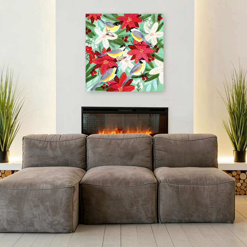Winter Birds Tits And Christmas Flowers Contemporary Bird Flower Winter Wall Art Print 1 Piece Wrapped Canvas Wall Art