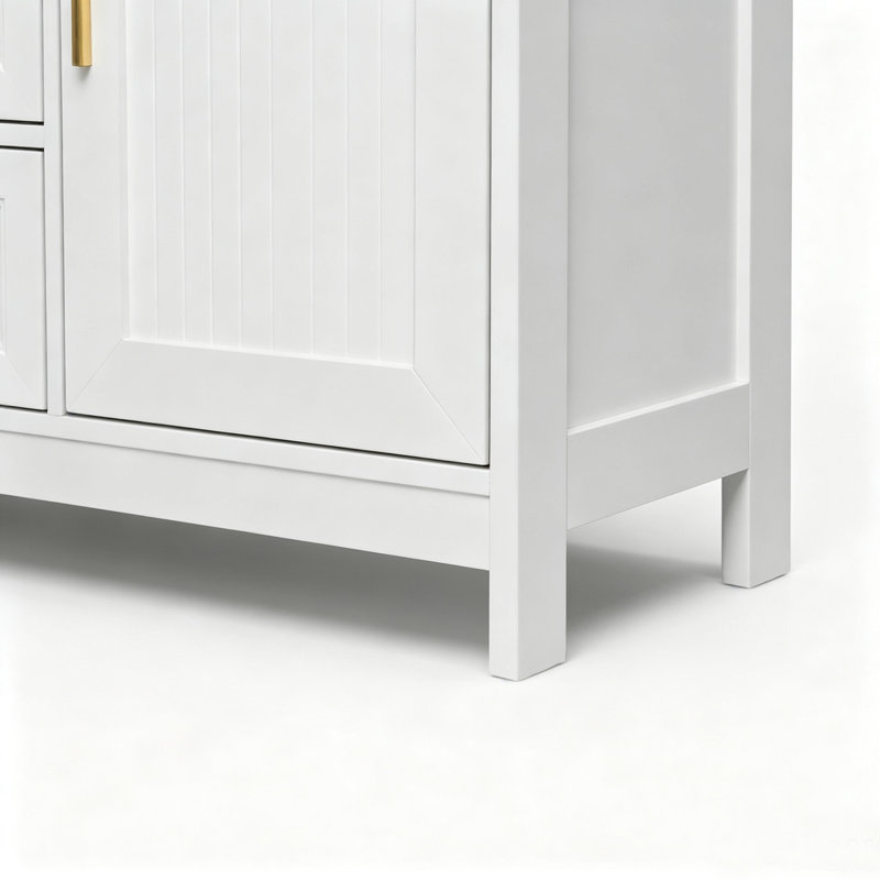 Meuble de rangement blanc à 3 tiroirs avec poignées dorées, 1 porte et tablette ouverte pour salon, chambre et entrée.