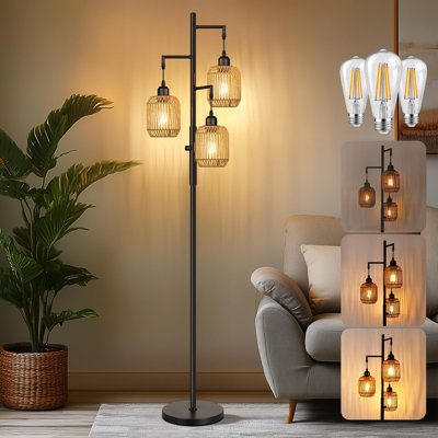 3 lampes sur pied industrielles en rotin
